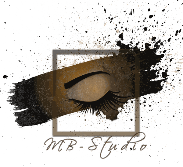 Logo MB-Studio: ein geschlossenes Auge mit Wimpern auf einem bronzefarbenen Pinselstrich