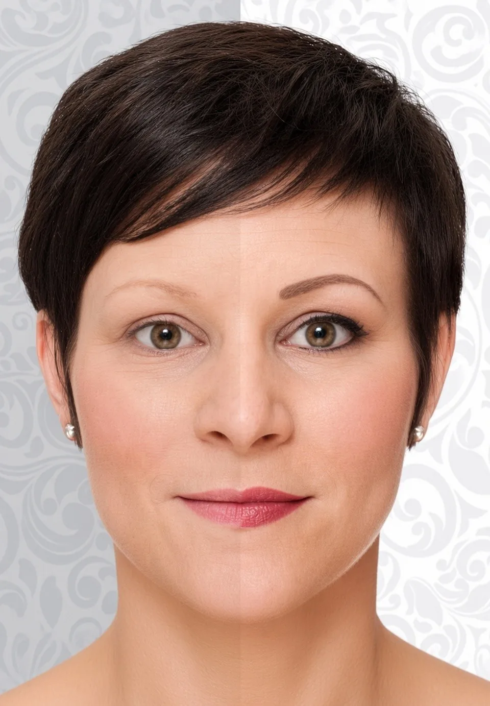 Gesicht einer Frau, linke Hälfte ohne und rechte Hälfte mit Permanent Make-up an Augenbrauen, Lidstrich und Lippen