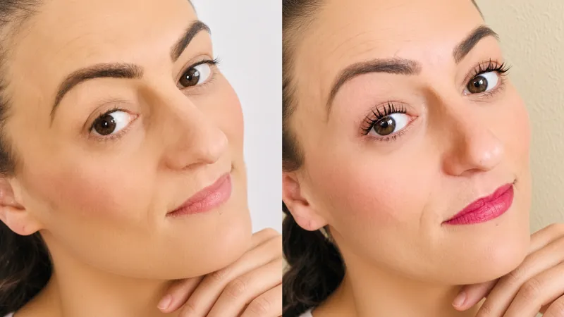 Vorher und nachher: Wimpern einer Kundin vor und nach dem Wimpernlifting mit Färben