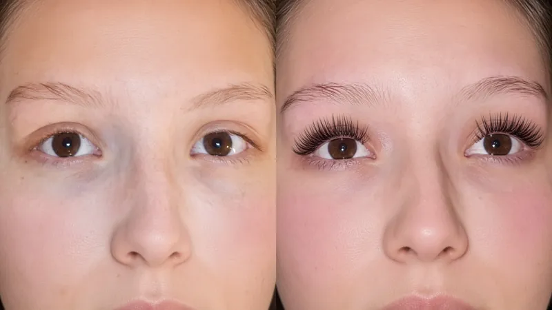 Vorher und nachher: Wimpern einer zweiten Kundin vor und nach dem Wimpernlifting